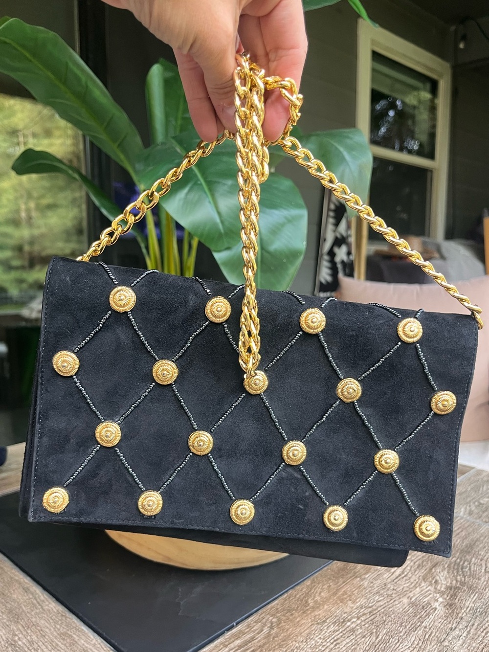 Vintage Beaded Black Suede Shoulder Bag with Gold Accents